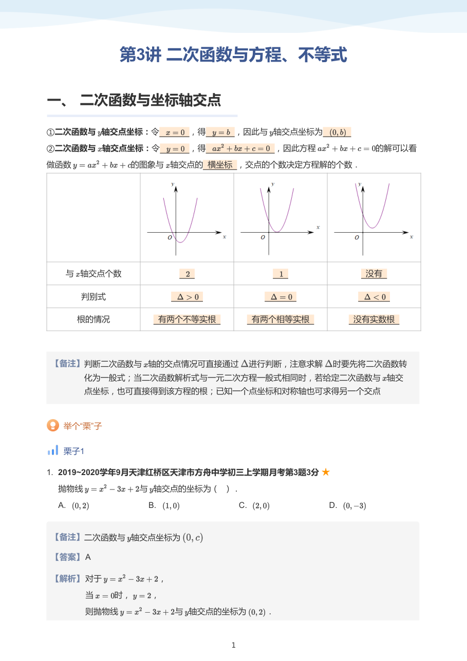第3讲 二次函数与方程、不等式-讲义（教师版）.pdf 第 1 页